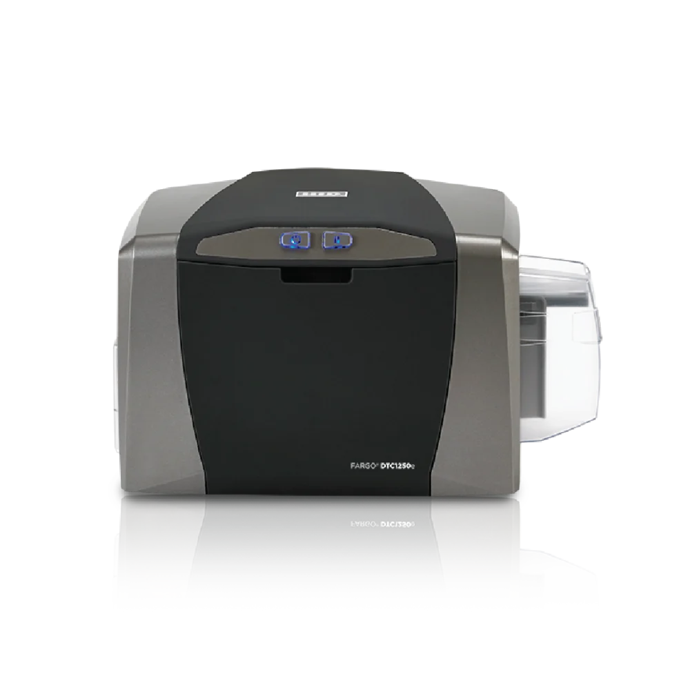 Front view of HID Fargo DTC1250e ID card printer ideal for reliable and affordable card printing