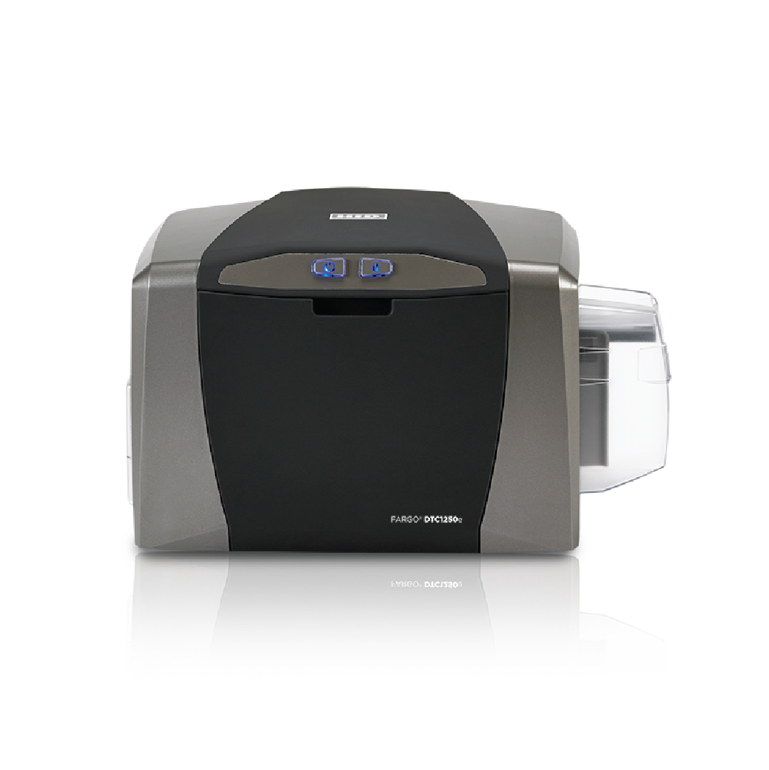 Front view of HID Fargo DTC1250e ID card printer ideal for reliable and affordable card printing
