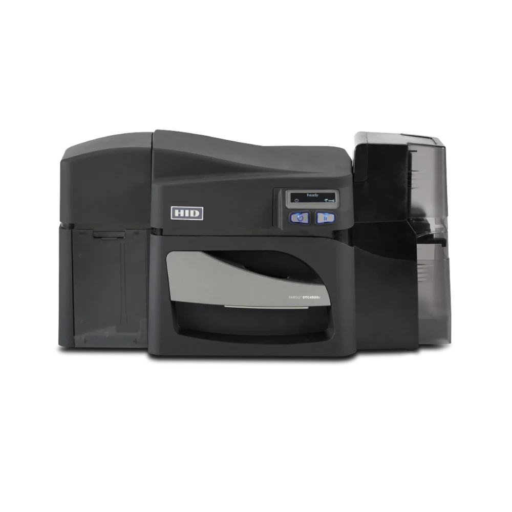 Front view of HID Fargo DTC4500e ID Card Printer – reliable dual-sided direct-to-card printing